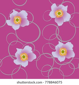 Seamless floral pattern with anemones and abstract ellipses.