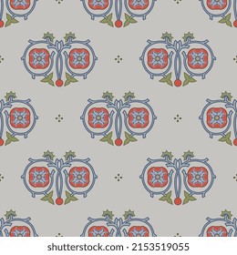Seamless floral pattern with antique vignettes. Blooming vines and stylized flowers. Red and blue flowers on light background. Illuminated manuscript style.