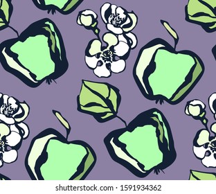 Seamless floral pattern with apple and flowers. Ornamental decorative background. Vector pattern. Print for textile, cloth, wallpaper, scrapbooking