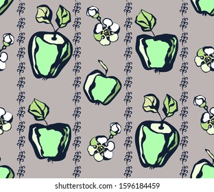 Seamless floral pattern with apple and flowers. Ornamental decorative background. Vector pattern. Print for textile, cloth, wallpaper, scrapbooking