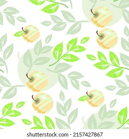 Seamless floral pattern with apples and leaves on a white background. Vector illustration for the design of silk fabric, cambric