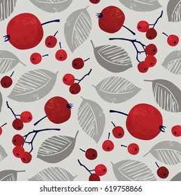 Seamless floral pattern with apples and rowan berries. Vector illustration. Hand drawn texture