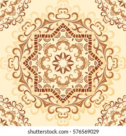 Seamless floral pattern, arabesque on a light yellow background in a vector. Richly decorated vintage pattern in mehndi style, a mandala. It can be used for packaging, invitations, bags template, etc.