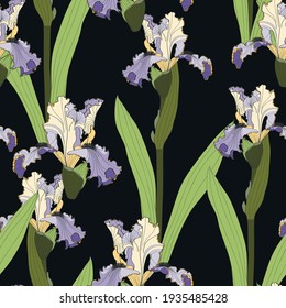 Seamless floral pattern. Arrangement blue yellow iris flowers on a black background. Hand-drawn illustration. Square repeating pattern for fabric.