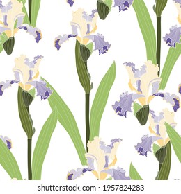 Seamless floral pattern. Arrangement blue yellow iris flowers on a white background. Hand-drawn illustration. Square repeating pattern for fabric.