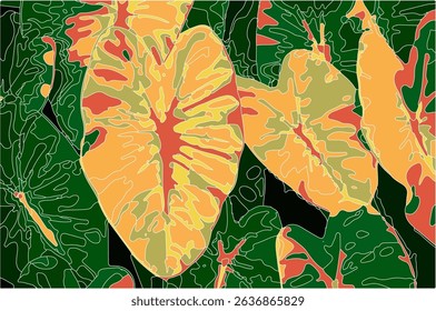 Seamless floral pattern art background vector. Green tropical forest wallpaper of monstera leaves, palm leaf, branches in hand drawn pattern, taro leaves, background elements in pink, green and black 