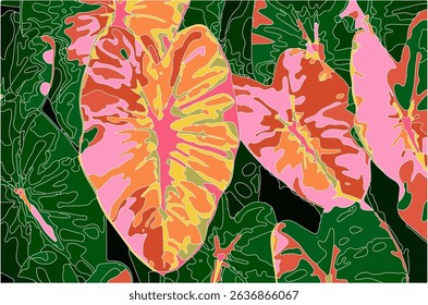 Seamless floral pattern art background vector. Green tropical forest wallpaper of monstera leaves, palm leaf, branches in hand drawn pattern, taro leaves, background elements in pink, green and black 