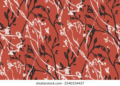 Seamless floral pattern, art textile print, abstract ornament of sketch style wild plants. Botanical design with small dry chalk drawing flowers branches, leaves on red. Vector illustration.