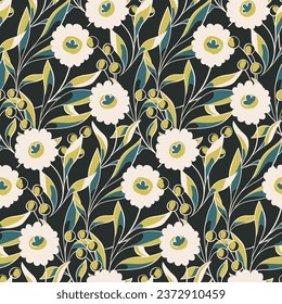 Seamless floral pattern, artistic abstract flower print in vintage style. Autumn, winter botanical design: hand drawn wild flowers, leaves, herbs, branches, dark black background. Vector illustration.