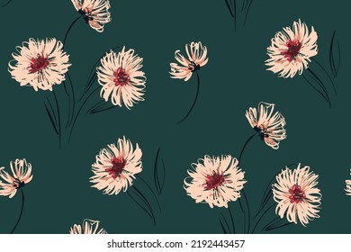 Seamless floral pattern, artistic botanical background with sketch plants. Elegant ditsy print with hand drawn wild flowers, leaves. Modern surface design. Vector.