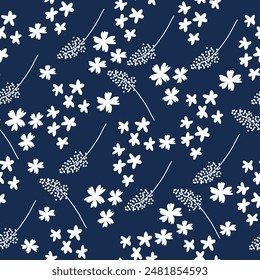 Seamless floral pattern. Artistic botanical design: small hand drawn white flowers. Seamless pattern of flowers and leaves blue backgroud.