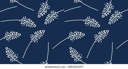 Seamless floral pattern. Artistic botanical design: small hand drawn white flowers. Seamless pattern of flowers and leaves blue backgroud.