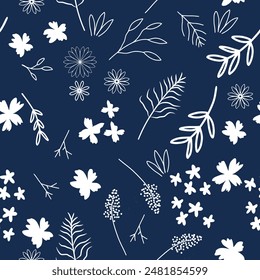 Seamless floral pattern. Artistic botanical design: small hand drawn white flowers. Seamless pattern of flowers and leaves blue backgroud.