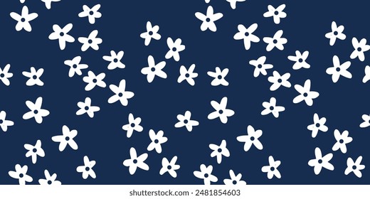 Seamless floral pattern. Artistic botanical design: small hand drawn white flowers. Seamless pattern of flowers and leaves blue backgroud.