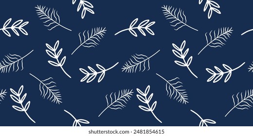 Seamless floral pattern. Artistic botanical design: small hand drawn white flowers. Seamless pattern of flowers and leaves blue backgroud.