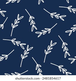 Seamless floral pattern. Artistic botanical design: small hand drawn white flowers. Seamless pattern of flowers and leaves blue backgroud.