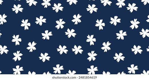 Seamless floral pattern. Artistic botanical design: small hand drawn white flowers. Seamless pattern of flowers and leaves blue backgroud.