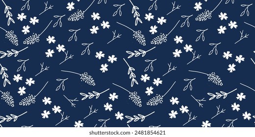Seamless floral pattern. Artistic botanical design: small hand drawn white flowers. Seamless pattern of flowers and leaves blue backgroud.