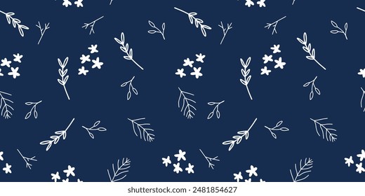 Seamless floral pattern. Artistic botanical design: small hand drawn white flowers. Seamless pattern of flowers and leaves blue backgroud.