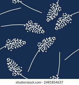 Seamless floral pattern. Artistic botanical design: small hand drawn white flowers. Seamless pattern of flowers and leaves blue backgroud.