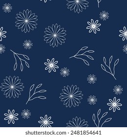 Seamless floral pattern. Artistic botanical design: small hand drawn white flowers. Seamless pattern of flowers and leaves blue backgroud.