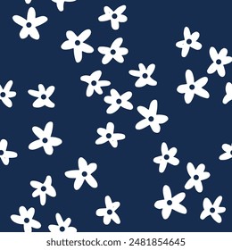 Seamless floral pattern. Artistic botanical design: small hand drawn white flowers. Seamless pattern of flowers and leaves blue backgroud.