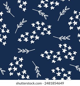 Seamless floral pattern. Artistic botanical design: small hand drawn white flowers. Seamless pattern of flowers and leaves blue backgroud.
