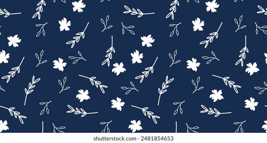 Seamless floral pattern. Artistic botanical design: small hand drawn white flowers. Seamless pattern of flowers and leaves blue backgroud.