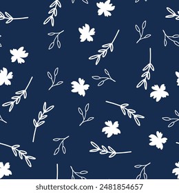 Patrón floral sin costuras. Diseño botánico artístico: Pequeñas flores pintadas a mano. Patrón sin fisuras de flores y hojas de fondo azul.