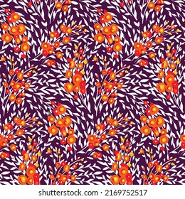 Seamless floral pattern, artistic ditsy print with small flowers, wild herbs on purple field. Botanical background with liberty composition of careless botany, flowers, twigs, leaves. Vector.