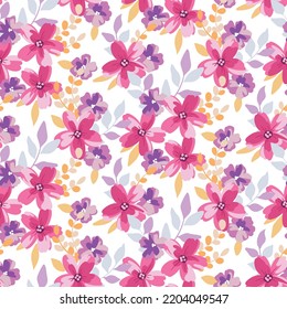 Seamless floral pattern, artistic ditsy print in a watercolor style. Abstract botanical composition of pretty hand drawn bouquets, small flowers, leaves on a white background. Vector illustration.