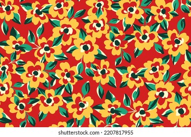Seamless floral pattern, artistic ditsy print with colorful botanical composition. Liberty botanical arrangement of small painting flowers, leaves on a red background. Vector illustration.
