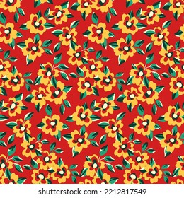 Patrón floral sin foco, estampado artístico con motivos románticos. Resumen del arreglo botánico con pequeñas plantas dibujadas a mano: flores lindas, hojas sobre un fondo rojo. Ilustración vectorial.