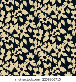 Seamless floral pattern, artistic ditsy print with vintage motif. Elegant botanical design with simple hand drawn plants: small white flowers, leaves on a black background. Vector illustration.