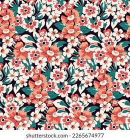 Seamless floral pattern, artistic ditsy print with retro motif. Pretty botanical design with summer meadow, hand drawn plants: small flowers, large leaves. Vector illustration.