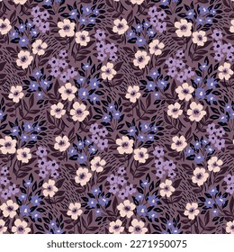 Seamless floral pattern, artistic ditsy print with vintage wild garden. Beautiful botanical design: hand drawn small flowers, leaves, twigs, wild flora on a dark purple background. Vector illustration
