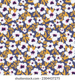 Seamless floral pattern, artistic ditsy print with retro motif. Cute botanical design with small hand drawn plants: white flowers, yellow leaves on a blue background. Vector illustration.