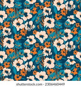 Seamless floral pattern, artistic ditsy print with hand drawn wild flora. Botanical design for fabric, paper: liberty meadow, small flowers, grass, leaves on a blue background. Vector illustration.