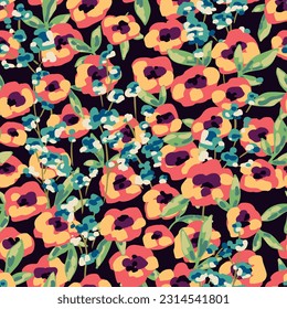 Seamless floral pattern, artistic ditsy paint stain print. Beautiful botanical design for fabric, paper: tiny hand drawn flowers, leaves on a dark black background. Vector illustration.
