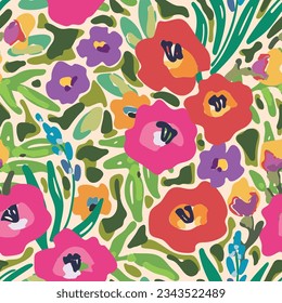 Patrón floral sin inconfundibles, impresión artística con plantas de estilo retro. Diseño de fondo botánico corto: prado de verano colorido, flores de margarita, hojas. Ilustración vectorial.