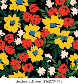 Patrón floral sin fisuras, impresión artística con prado dibujado a mano. Diseño botánico colorido, dibujo de verano: flores silvestres pequeñas, margaritas, hojas, ramas, fondo oscuro. Ilustración vectorial.