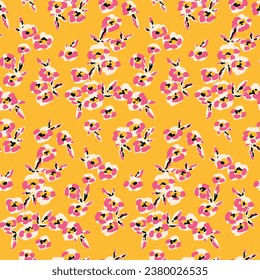 Seamless floral pattern, artistic ditsy print with retro motif. Colorful liberty ditsy print with small cute plants: tiny hand drawn flowers, leaves on a bright yellow background. Vector illustration.