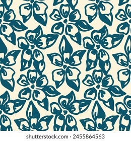 Seamless floral pattern, artistic ditsy print, abstract ornament in liberty sketch style. Hand drawn botanical design in two colors: large blue flowers, small leaves on white. Vector illustration.