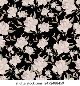 Patrón floral sin costuras, estampado artístico ditsy con motivo vintage. Diseño botánico elegante con plantas dibujadas a mano simples: Pequeñas flores blancas, hojas sobre un fondo negro. Ilustración vectorial.