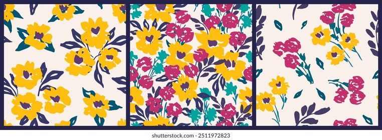 Seamless floral pattern, artistic ditsy print, abstract flower ornament in sketch style. Colorful botanical design: small hand drawn wild flowers, tiny leaves, simple bouquet. Vector illustration.