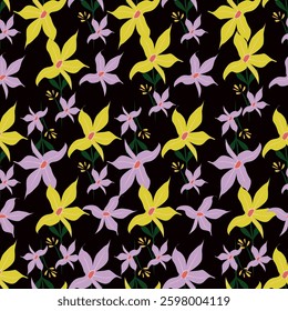 Seamless floral pattern, artistic ditsy print with vintage motif. Elegant botanical design with simple hand drawn plants: small white flowers, leaves on a black background. Vector illustration
