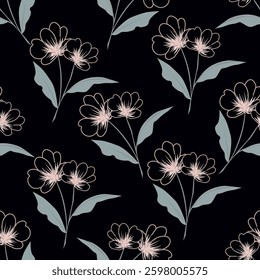 Seamless floral pattern, artistic ditsy print with vintage motif. Elegant botanical design with simple hand drawn plants: small white flowers, leaves on a black background. Vector illustration