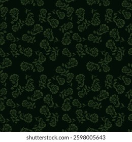 Seamless floral pattern, artistic ditsy print with vintage motif. Elegant botanical design with simple hand drawn plants: small white flowers, leaves on a black background. Vector illustration