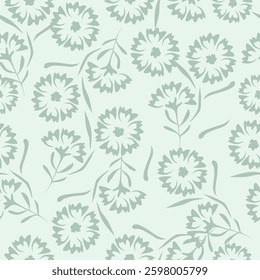 Seamless floral pattern, artistic ditsy print with vintage motif. Elegant botanical design with simple hand drawn plants: small white flowers, leaves on a black background. Vector illustration