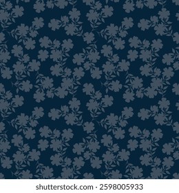 Seamless floral pattern, artistic ditsy print with vintage motif. Elegant botanical design with simple hand drawn plants: small white flowers, leaves on a black background. Vector illustration